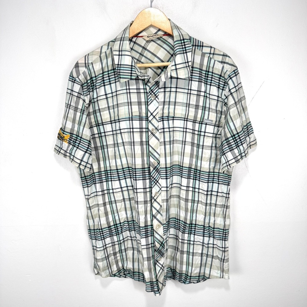 Simms Brrr Button Shirt Men Large White Gray Check Short‎ Sleeve Zip Sweetwater
